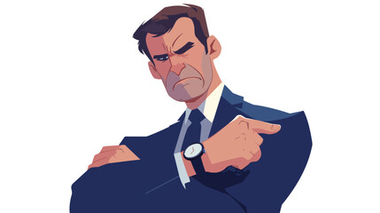 Angry boss pointing at wrist watch. flat vector style