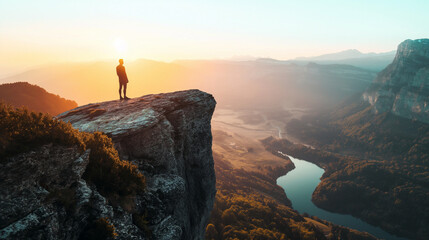 Hiker standing on a cliff edge looking at scenic valley view at sunset