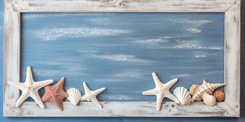 White and brown starfish and seashells on a blue wooden background with a white frame, perfect for summer and beach themed designs. 
