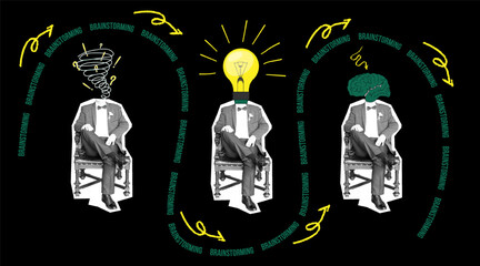 A vintage-style business collage with a man in a suit in an armchair. Business strategy and brainstorming. Vector illustration.