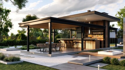Fototapeta premium contemporary suburban home with a focus on outdoor living, featuring a modern gazebo with an integrated bar and entertainment system