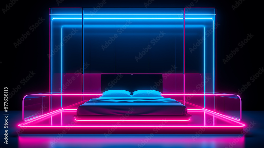 Wall mural futuristic bedroom with a bed, pink and blue neon lights, a modern and stylish design for a website 