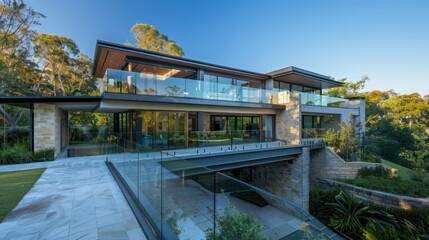 Obraz premium contemporary suburban home with a glass bridge that connects the main house to an annex, offering stunning views of the property