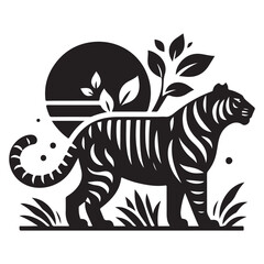 Fototapeta premium a black and white tiger standing in front of a sun