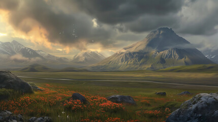 Fototapeta premium Dramatic sunset illuminating wildflowers blooming in mountain valley