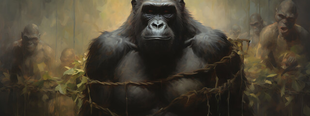 A powerful gorilla, black fur and red eyes, trapped in vines, evokes a sense of captivity and struggle. 

