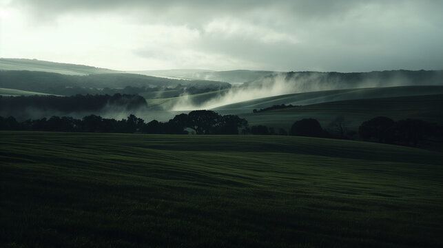 Morning mist flowing over rolling green hills of farmland
