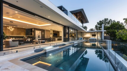 Fototapeta premium contemporary suburban home with an all-glass back wall that opens to a sophisticated infinity pool and integrated spa