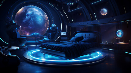 Futuristic bedroom with blue and black color scheme, a bed floating in a spaceship with a view of a planet, perfect for sci-fi and space exploration themes. 
