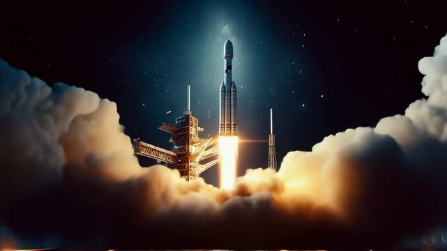 A powerful rocket launching into space from a brightly lit launch pad, surrounded by billowing clouds and a glowing atmosphere.