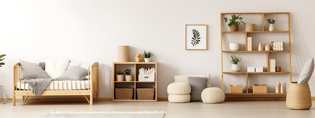 Minimalist, light wood, and white living room interior design with cozy, comfortable furniture and decor for a relaxing and peaceful atmosphere. 
