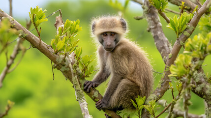 Obraz premium A cute brown baboon sitting on a green branch, perfect for wildlife and nature photography projects. 