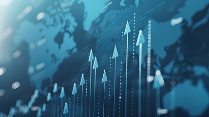 A 3D bar chart with an upward trend, set against a backdrop of a blue world map, indicating global growth
