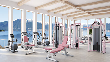 Modern gym with pink and grey equipment, overlooking a mountain lake, perfect for fitness and wellness advertising. 
