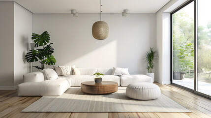 Fototapeta premium White sectional sofa and wooden coffee table in a modern living room with natural light and green plants, evoking a sense of calm and serenity. 