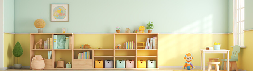 A bright yellow and blue children's playroom with a bookshelf and toys, perfect for a nursery or playroom design. 
