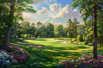 Fototapeta premium A picturesque green golf course with vibrant pink flowers, showcasing the beauty of nature and the joy of the sport. 