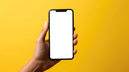 Close-up hand holding smartphone mockup, transparent screen, yellow background, app showcase template, studio, front perspective
