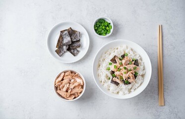 Rice bowl with salmon flakes, nori and scallion