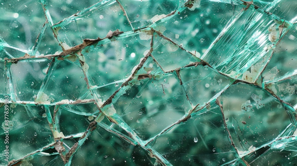 Aufkleber A detailed view of a shattered glass window with fragments scattered around