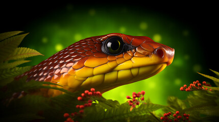 Fototapeta premium A close-up of a red and yellow snake with a green background, perfect for nature and wildlife projects. 