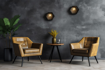 Two tan leather armchairs flanking a small dark wood table, in a room with a textured gray wall and hexagon wall lights. A touch of nature with a potted plant.
