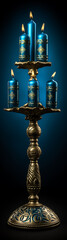 Ornate, brass candleholder with five blue candles, illuminating a dark background.
