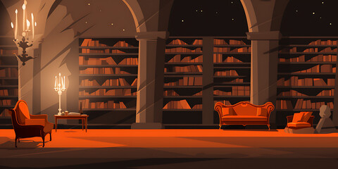 A dimly lit library with bookshelves, armchairs, and a couch. Warm lighting and rich colors.

