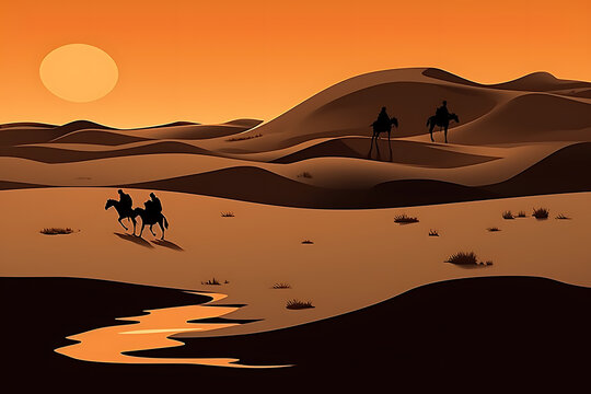 Silhouettes of riders on camels traverse a vast, golden desert landscape under a setting sun, evoking a sense of adventure and exploration in a timeless, mystical setting. 
