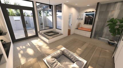 Fototapeta na wymiar contemporary suburban home with an integrated pet area that includes a dog washing station and a custom pet bed, blending functionality with modern design