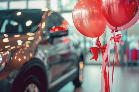 Car dealership showcasing cars with colorful balloons and decorations