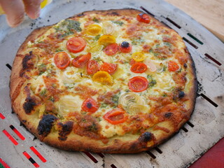 pizza on a wooden table