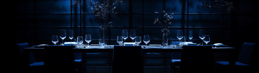 A formal dining table, set for a dinner party, in a dark, elegant space.