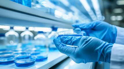 Fototapeta premium Macro shot of hands in blue medical gloves holding bacteria filled petri dish in laboratory
