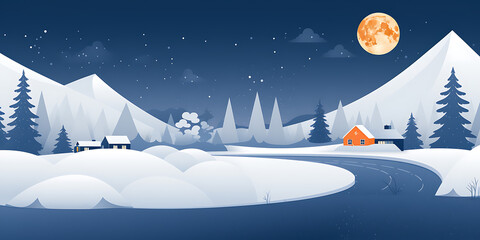 Fototapeta premium A snowy winter landscape with a cozy orange cabin and a full moon, perfect for holiday and winter season designs. 