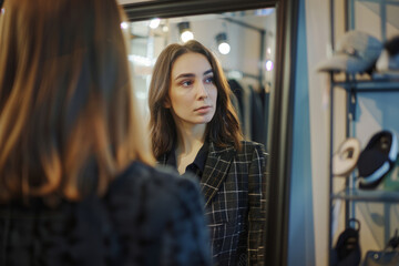 Woman looks at her reflection in a mirror in cozy room