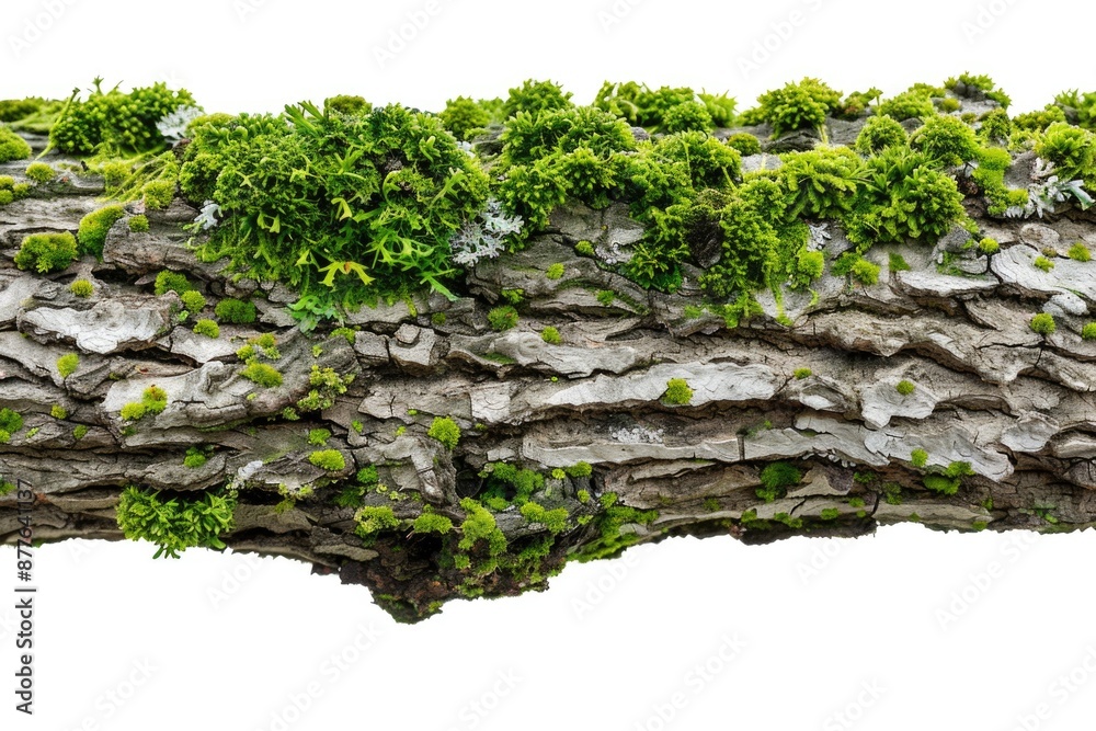Poster A close-up of a tree trunk covered in moss and greenery