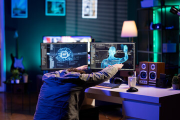 Mad programmer creating sentient AI, bowing in adulation to new overlord. Crazy computer scientist...