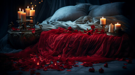 A bed draped in red fabric, adorned with candles and rose petals, creating a romantic and intimate atmosphere.
