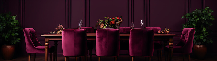 A dining room with dark purple velvet chairs and a table. Elegant and sophisticated decor.

