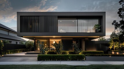 Obraz premium contemporary suburban home with a minimalist design, featuring a monochromatic color scheme and hidden storage solutions throughout