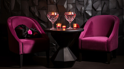 Romantic, intimate setting with pink velvet chairs and candles.
