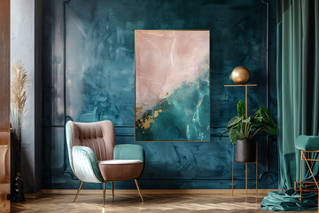 Teal and pink abstract art, a velvet chair, and a gold lamp create a luxurious and modern interior design. 
