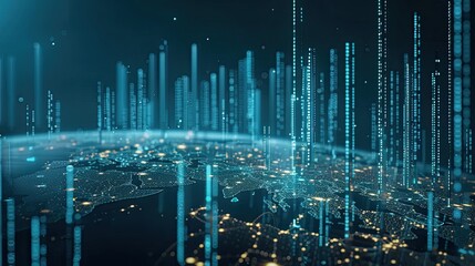 Fototapeta premium A 3D bar chart with an upward trend, set against a backdrop of a blue world map, indicating global growth