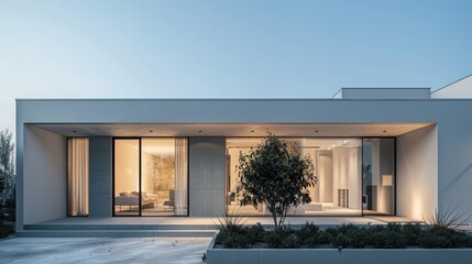 contemporary suburban home with a minimalist facade that features hidden doors and windows, creating a seamless, uncluttered appearance