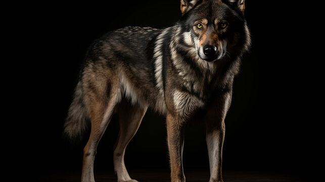 A wolf with brown and grey fur standing on a dark background, evoking a sense of wilderness and mystery. 
