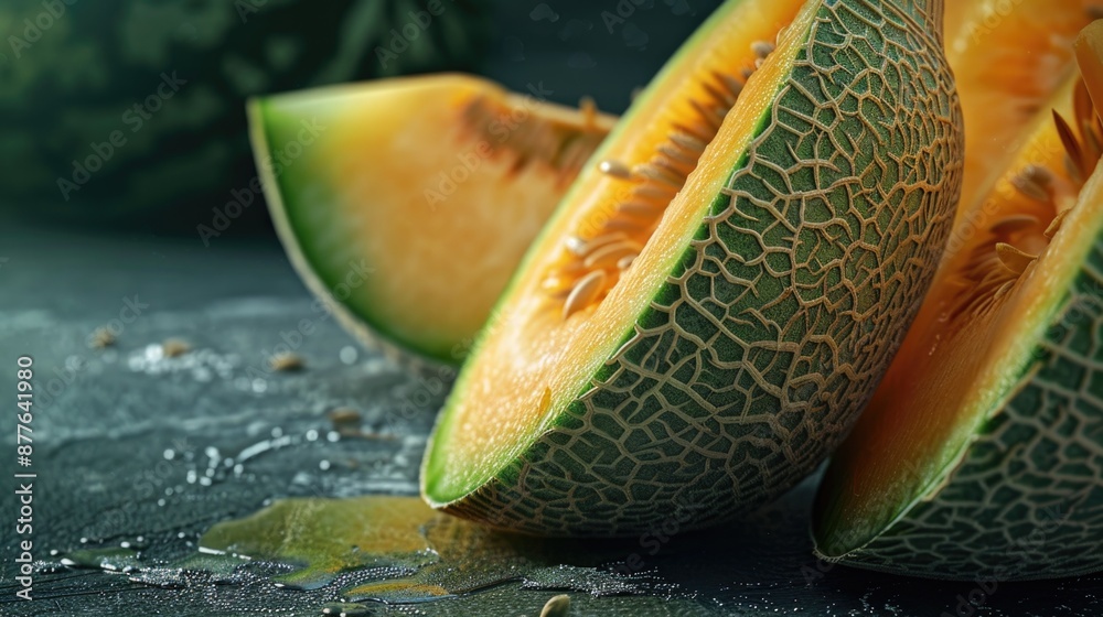 Poster a fresh slice of melon on a table, perfect for a snack or dessert