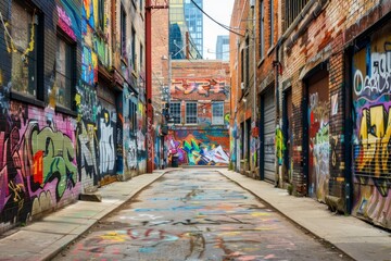 Fototapeta premium Urban alleyway with graffiti-covered walls and colorful murals