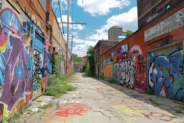 Fototapeta premium Urban alleyway with graffiti-covered walls and colorful murals