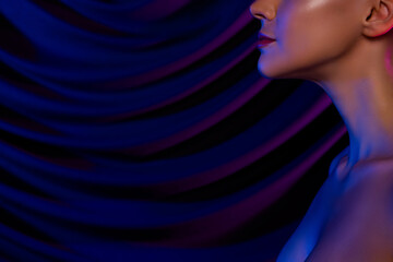 Cropped photo of slim lady nude shoulders enjoyng herself empty space isolated neon violet color...